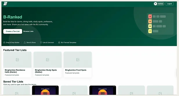B-Ranked homepage showing featured and saved tier lists