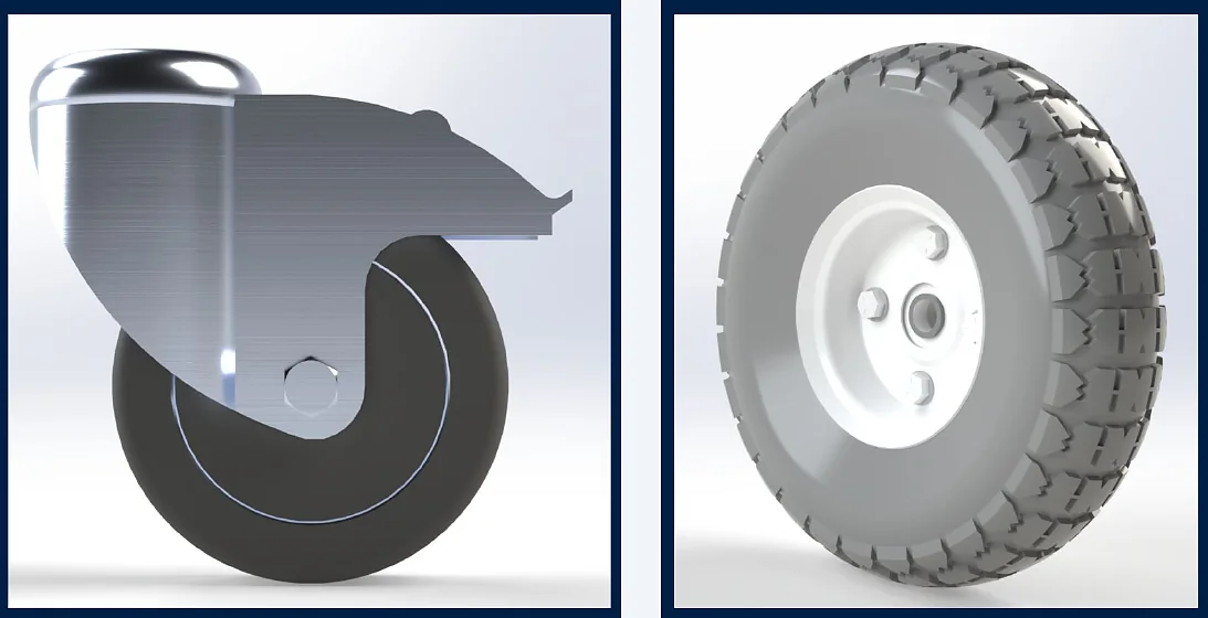 Front locking caster and rear pneumatic wheel for the fish tank transport device