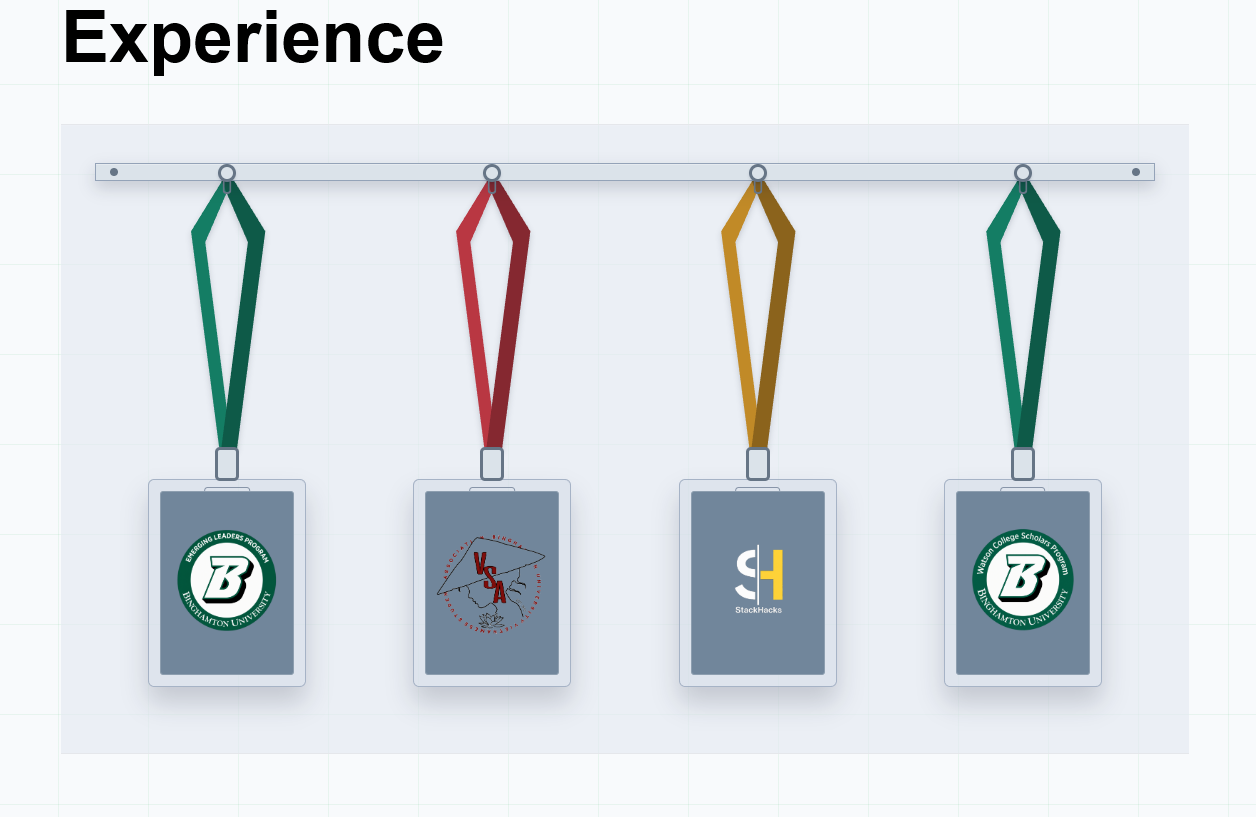 Leadership and community experience section presented with hanging lanyards