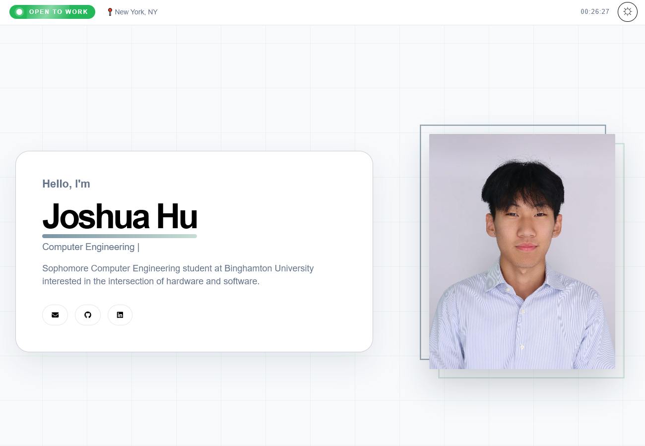 Personal website introduction showing Joshua Hu's profile and headshot