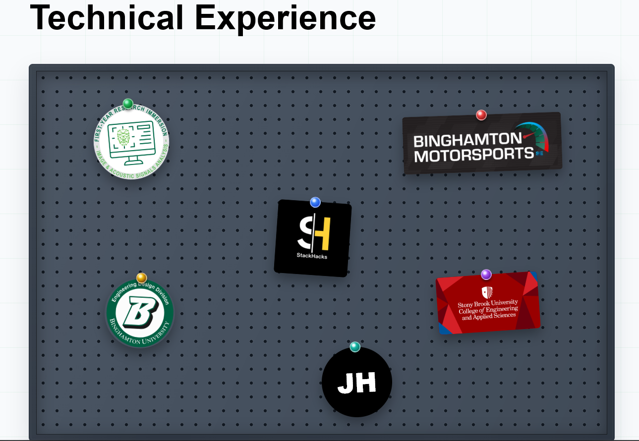Technical experience section presented as a sticker pegboard